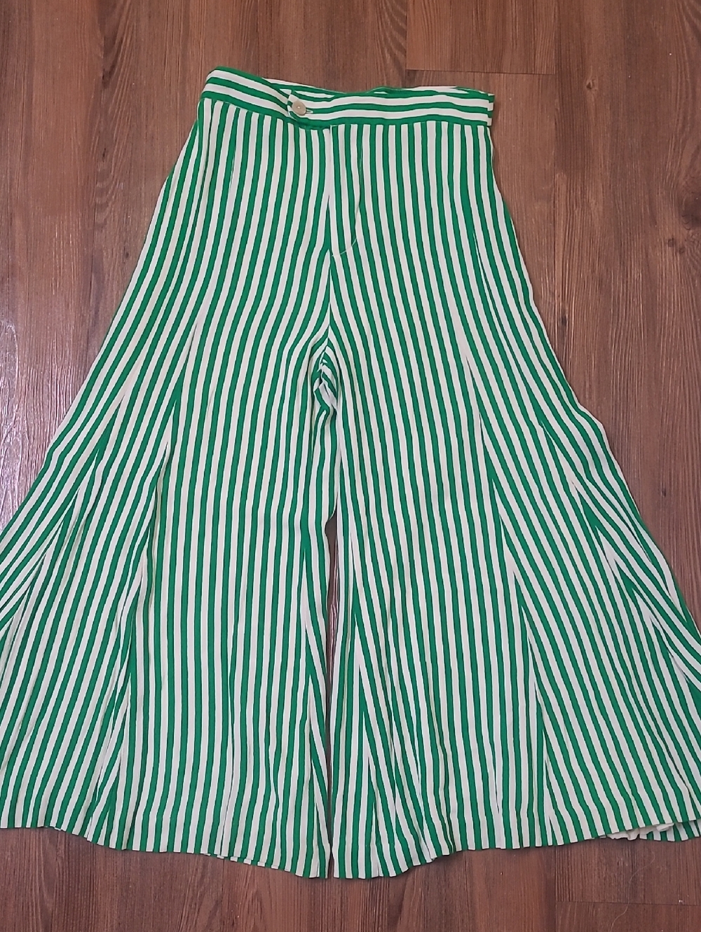 Anthropologie Green and White Striped Wide-Leg Pants